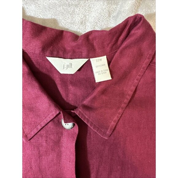 Women’s J.Jill Vintage Tunic Top 3 Buttons Deep Splits Maroon 100% Linen Plus 22 - Picture 7 of 14